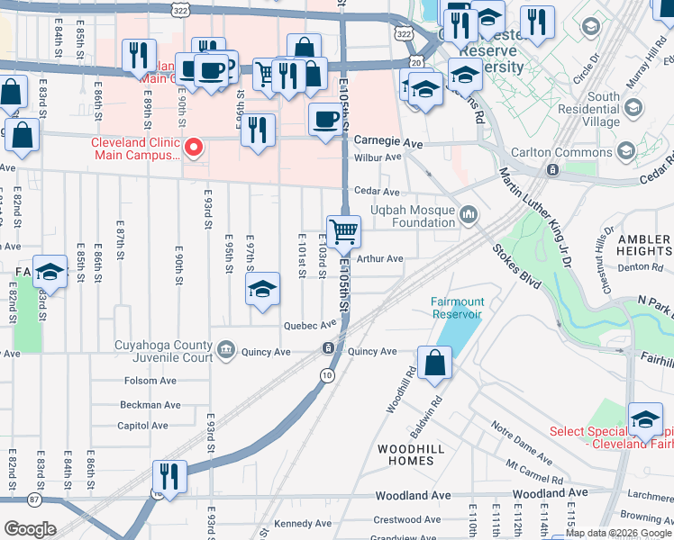 map of restaurants, bars, coffee shops, grocery stores, and more near 2275 East 105th Street in Cleveland