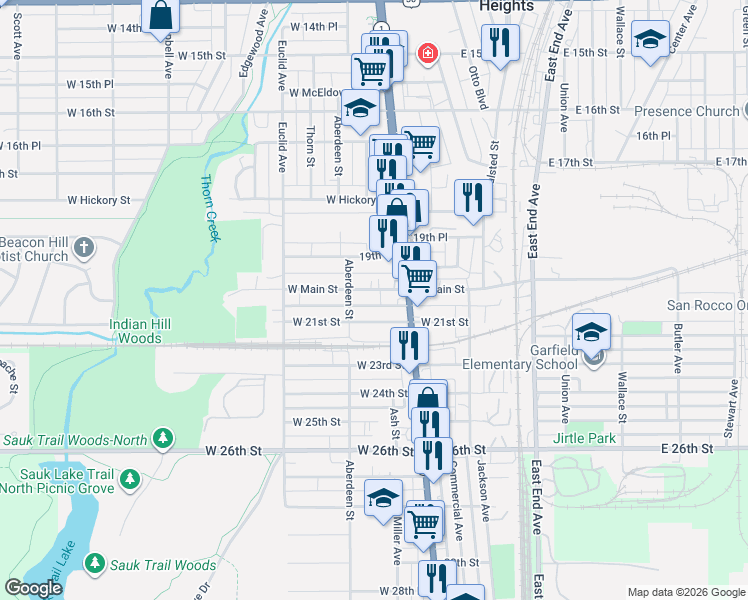 map of restaurants, bars, coffee shops, grocery stores, and more near 45 West 21st Street in Chicago Heights