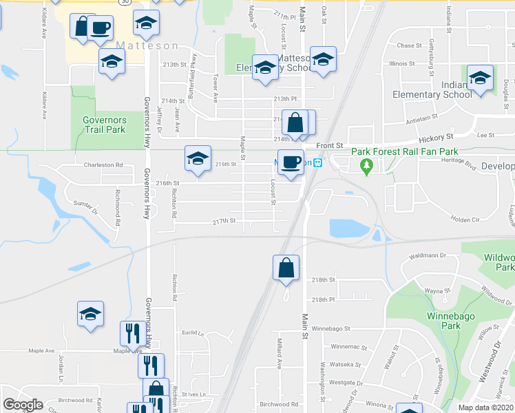 map of restaurants, bars, coffee shops, grocery stores, and more near 3728 217th Street in Matteson