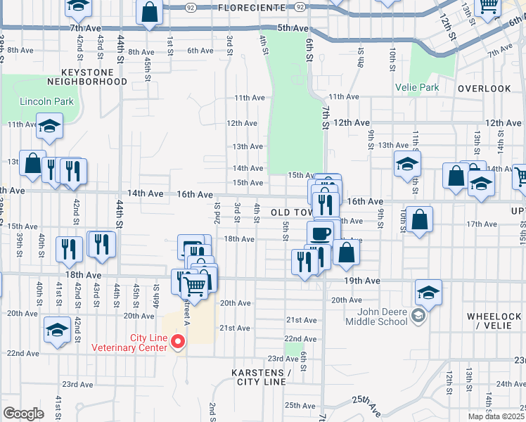 map of restaurants, bars, coffee shops, grocery stores, and more near 424 17th Avenue in Moline