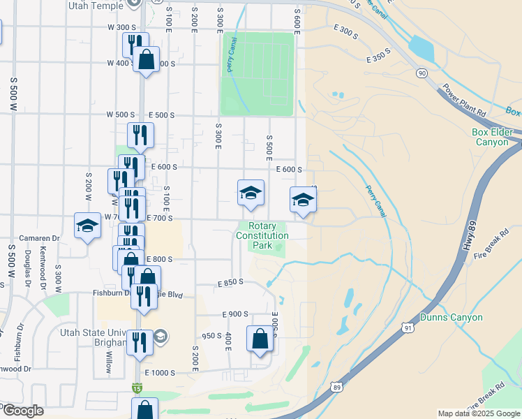 map of restaurants, bars, coffee shops, grocery stores, and more near 685 South 500 East in Brigham City