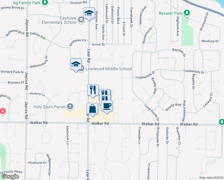 map of restaurants, bars, coffee shops, grocery stores, and more near 396 Harbor Court in Avon Lake
