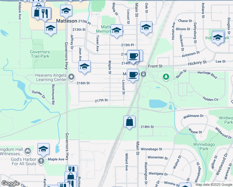 map of restaurants, bars, coffee shops, grocery stores, and more near 3719 216th Place in Matteson