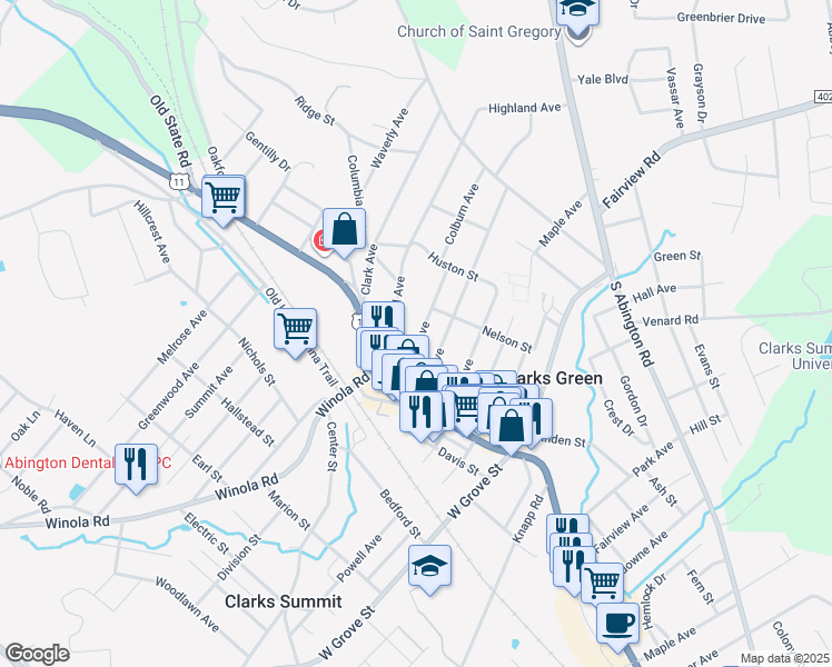 map of restaurants, bars, coffee shops, grocery stores, and more near 205 Colburn Avenue in Clarks Summit