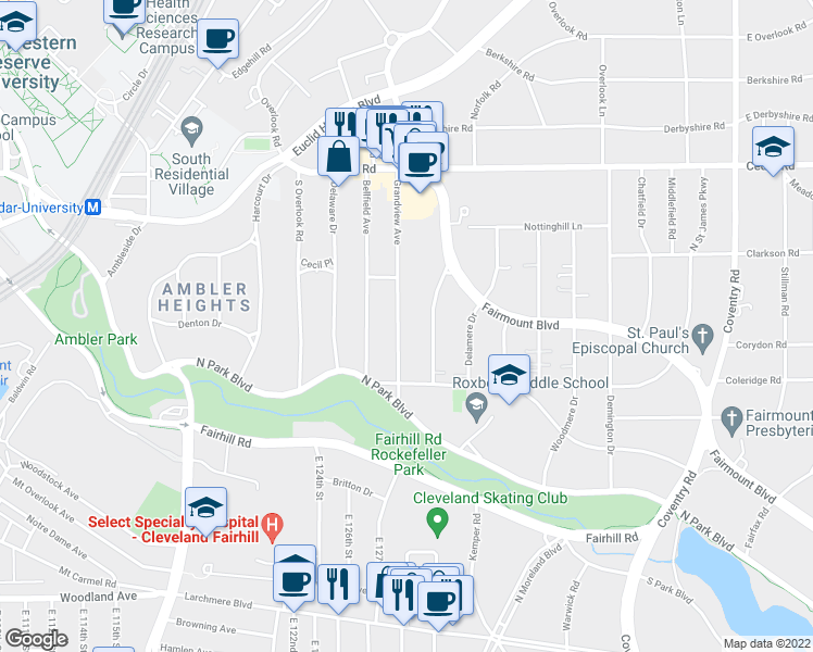 map of restaurants, bars, coffee shops, grocery stores, and more near 2330 Ardleigh Drive in Cleveland Heights