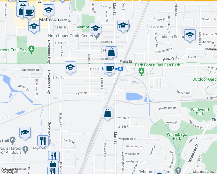 map of restaurants, bars, coffee shops, grocery stores, and more near 3619 216th Place in Matteson