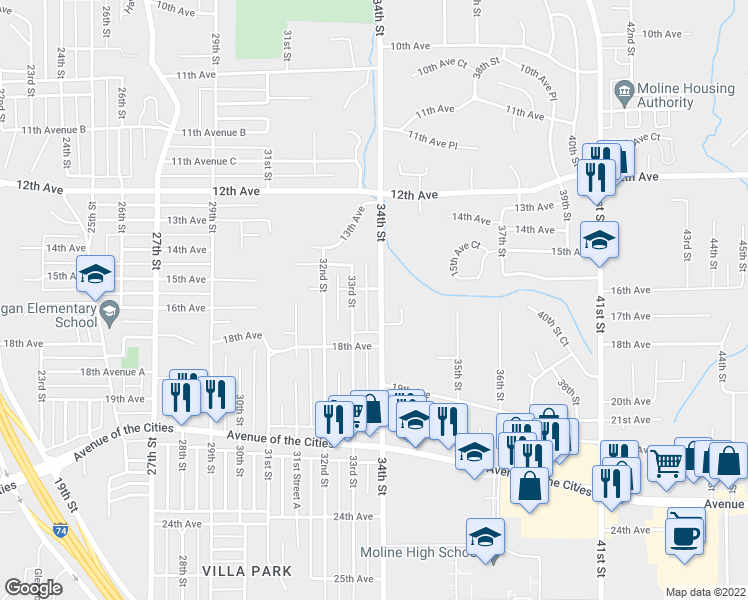 map of restaurants, bars, coffee shops, grocery stores, and more near 1611 34th Street in Moline