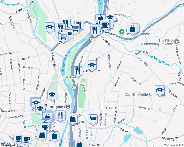 map of restaurants, bars, coffee shops, grocery stores, and more near 170 Coen Street in Naugatuck
