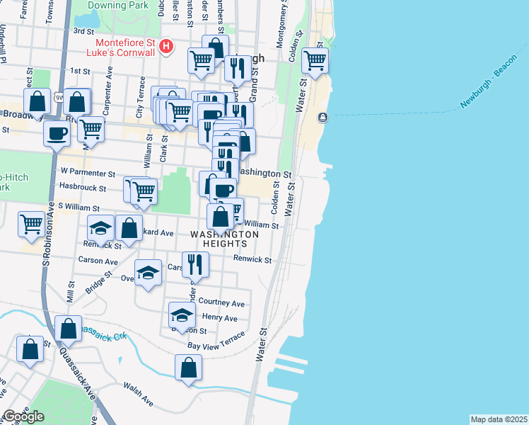 map of restaurants, bars, coffee shops, grocery stores, and more near 1 Lafayette Street in Newburgh