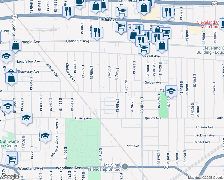 map of restaurants, bars, coffee shops, grocery stores, and more near 7309 Central Avenue in Cleveland