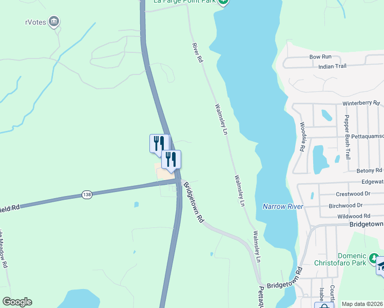 map of restaurants, bars, coffee shops, grocery stores, and more near 23 Bridge View Court in South Kingstown