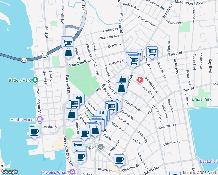 map of restaurants, bars, coffee shops, grocery stores, and more near 32 Gould Street in Newport