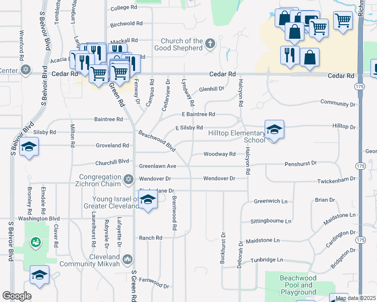 map of restaurants, bars, coffee shops, grocery stores, and more near 2300 Lyndway Road in Beachwood