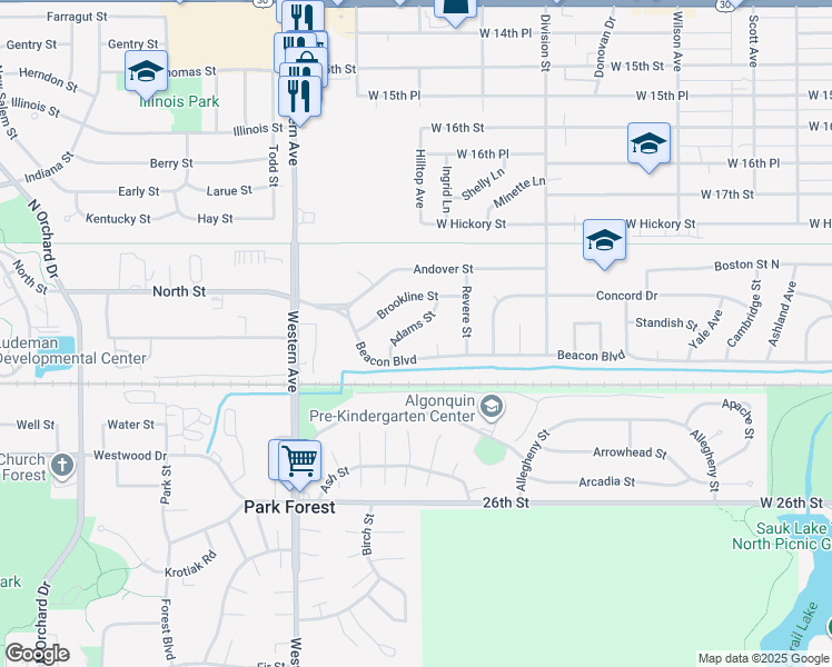 map of restaurants, bars, coffee shops, grocery stores, and more near 1934 Adams Street in Chicago Heights