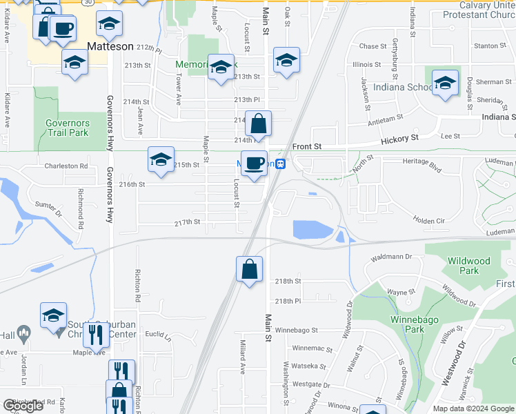 map of restaurants, bars, coffee shops, grocery stores, and more near 3609 216th Place in Matteson