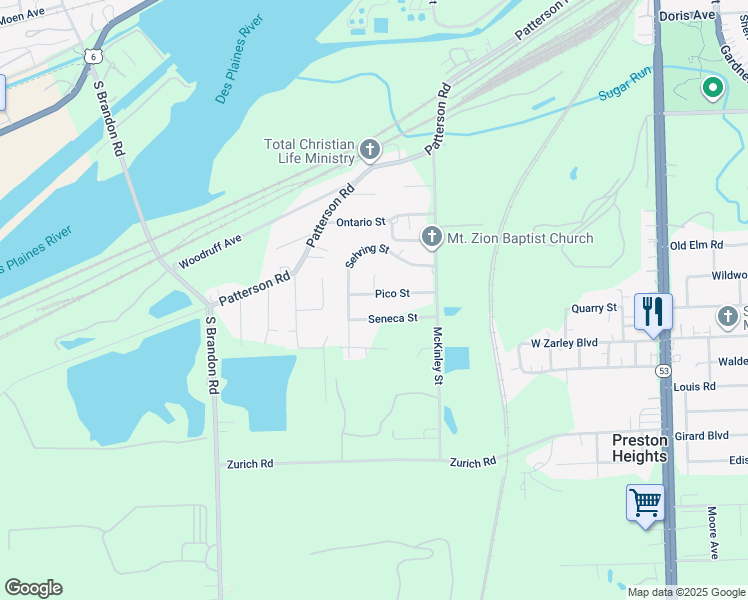 map of restaurants, bars, coffee shops, grocery stores, and more near 508 Pico Street in Joliet
