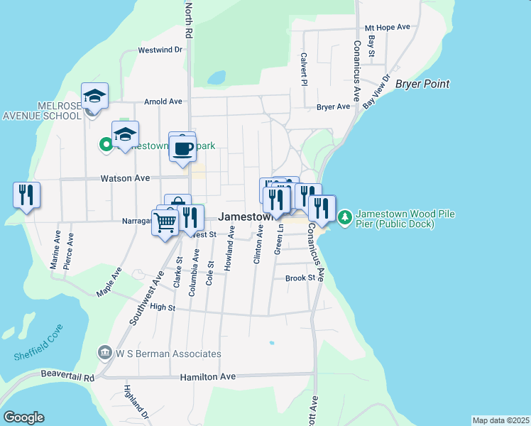 map of restaurants, bars, coffee shops, grocery stores, and more near 38 Narragansett Avenue in Jamestown