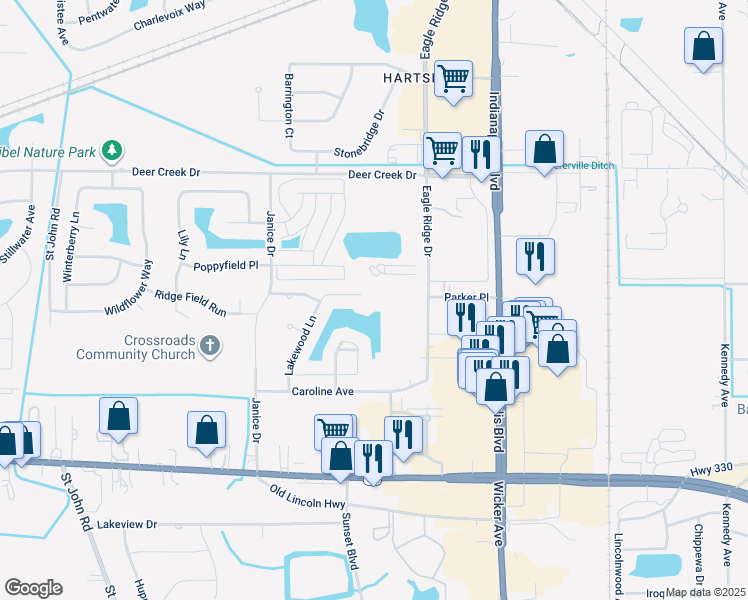 map of restaurants, bars, coffee shops, grocery stores, and more near 1045 Lakewood Court in Schererville