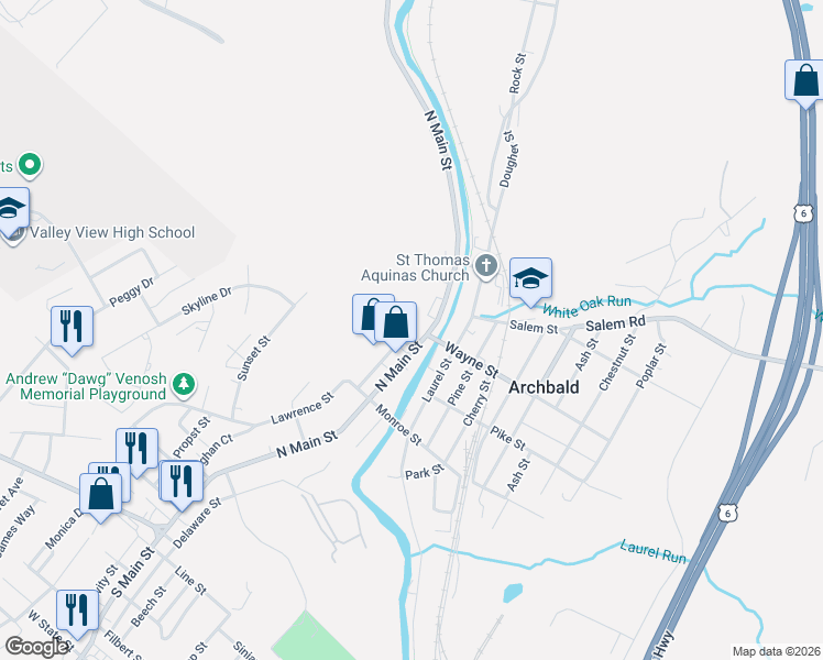 map of restaurants, bars, coffee shops, grocery stores, and more near 429 Main Street in Archbald