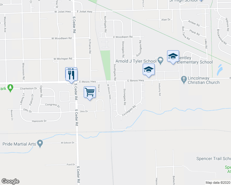map of restaurants, bars, coffee shops, grocery stores, and more near 1029 Southgate Road in New Lenox