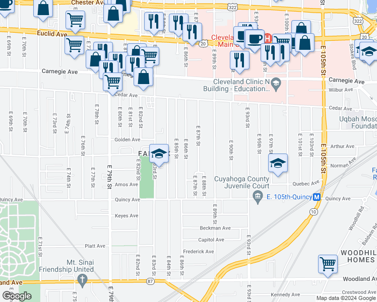 map of restaurants, bars, coffee shops, grocery stores, and more near 2269 East 86th Street in Cleveland