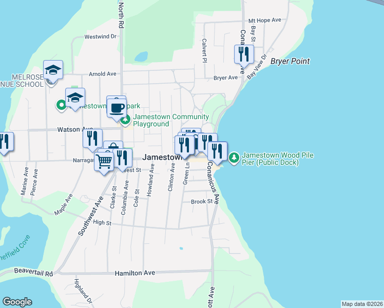 map of restaurants, bars, coffee shops, grocery stores, and more near 22 Narragansett Avenue in Jamestown