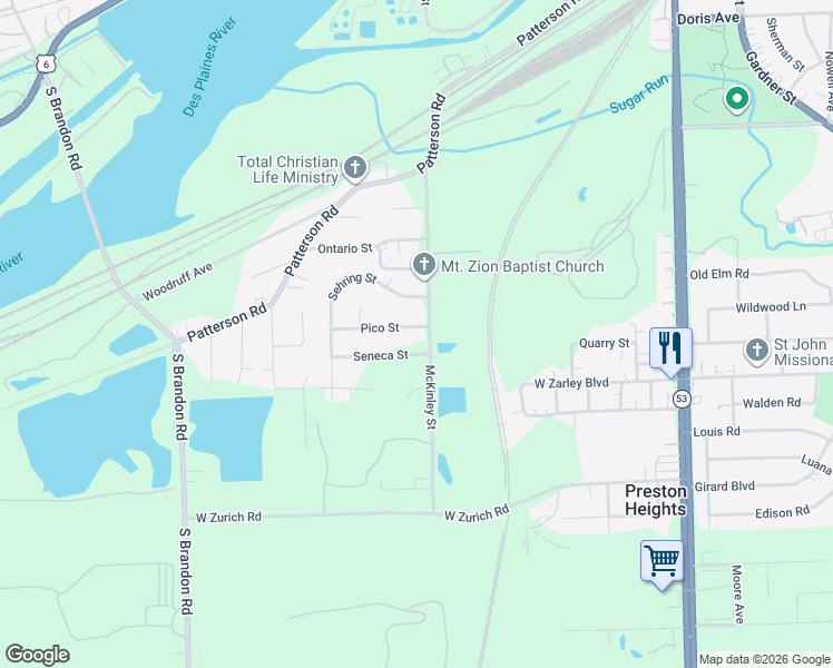 map of restaurants, bars, coffee shops, grocery stores, and more near 402 Pico Street in Joliet
