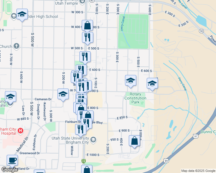 map of restaurants, bars, coffee shops, grocery stores, and more near 207 East 700 South in Brigham City
