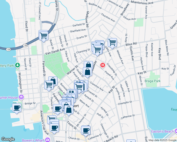 map of restaurants, bars, coffee shops, grocery stores, and more near 232 Broadway in Newport