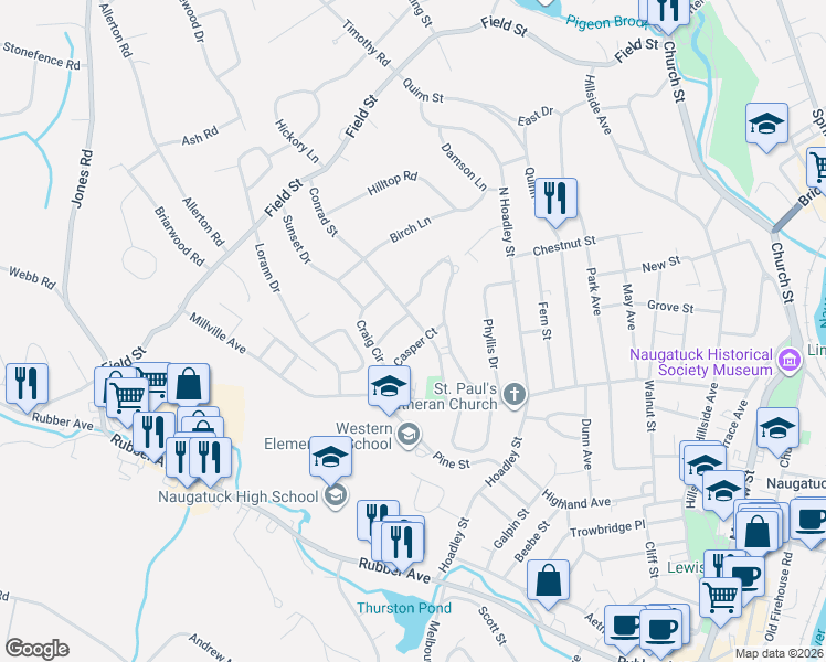map of restaurants, bars, coffee shops, grocery stores, and more near 25 Casper Court in Naugatuck