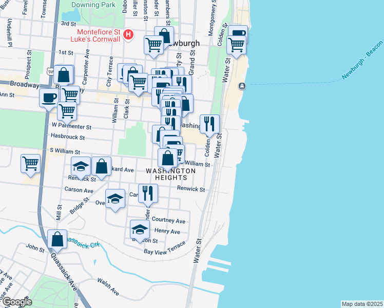 map of restaurants, bars, coffee shops, grocery stores, and more near 42 Johnes Street in Newburgh