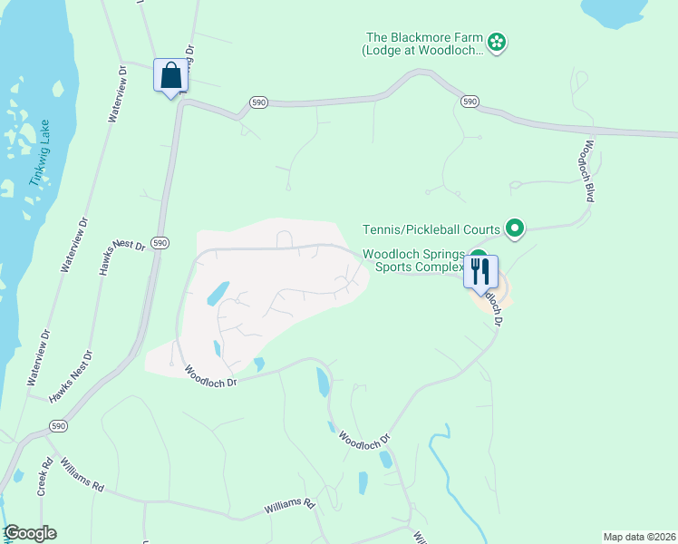map of restaurants, bars, coffee shops, grocery stores, and more near 112 Woodloch Springs in Hawley