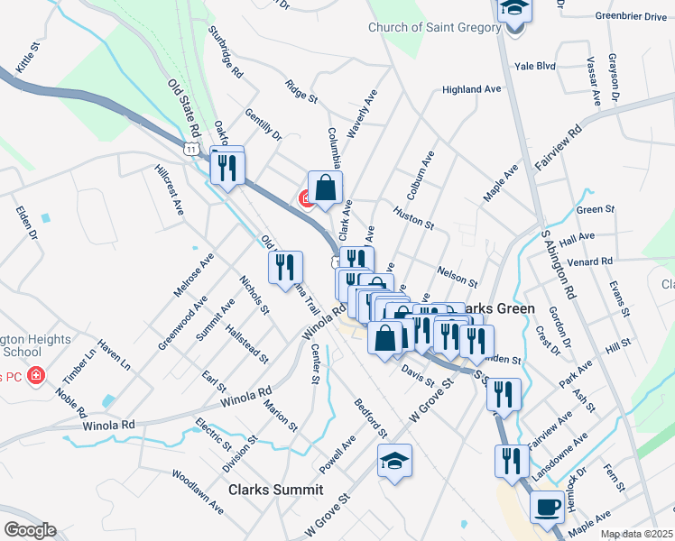 map of restaurants, bars, coffee shops, grocery stores, and more near 112 North State Street in Clarks Summit
