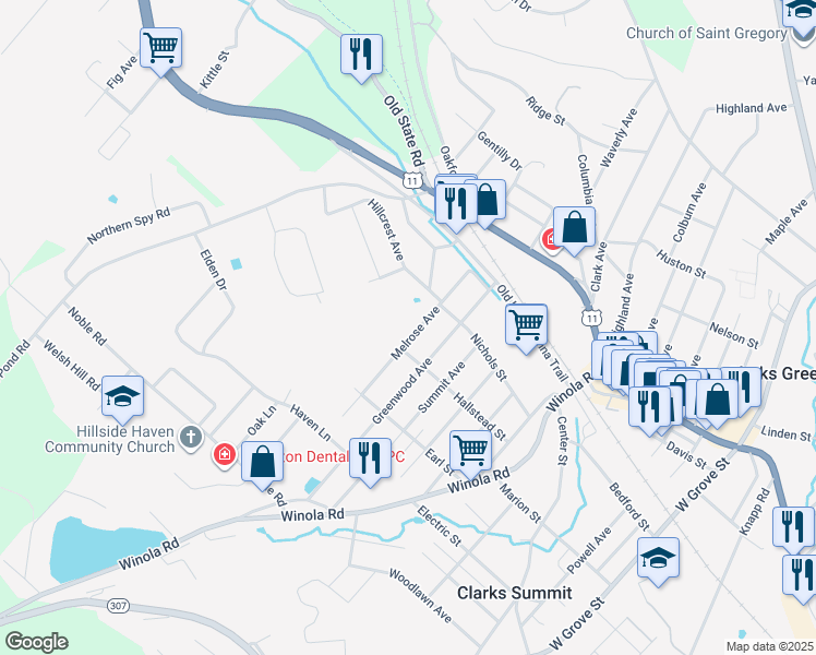 map of restaurants, bars, coffee shops, grocery stores, and more near 315-399 Melrose Avenue in Clarks Summit