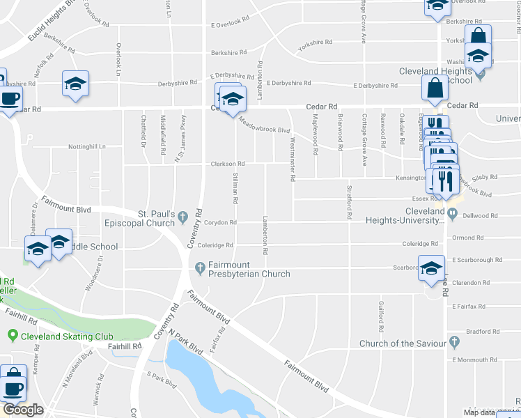 map of restaurants, bars, coffee shops, grocery stores, and more near 2331 Lamberton Road in Cleveland Heights