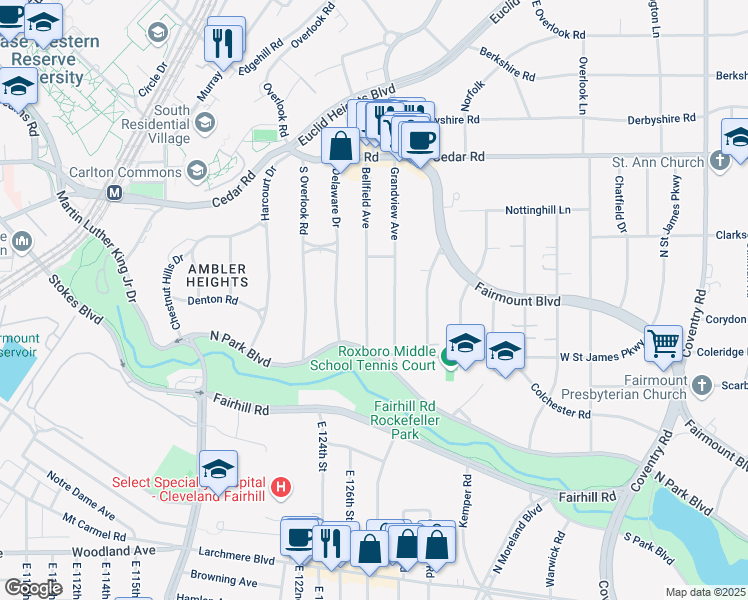 map of restaurants, bars, coffee shops, grocery stores, and more near 2333 Bellfield Avenue in Cleveland Heights