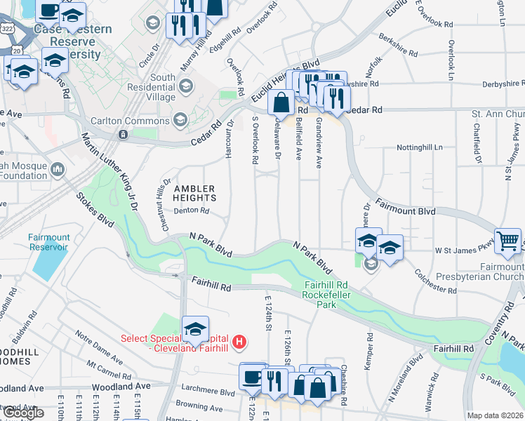 map of restaurants, bars, coffee shops, grocery stores, and more near 2339 South Overlook Road in Cleveland Heights