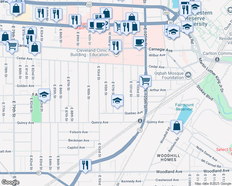 map of restaurants, bars, coffee shops, grocery stores, and more near 2283 East 97th Street in Cleveland