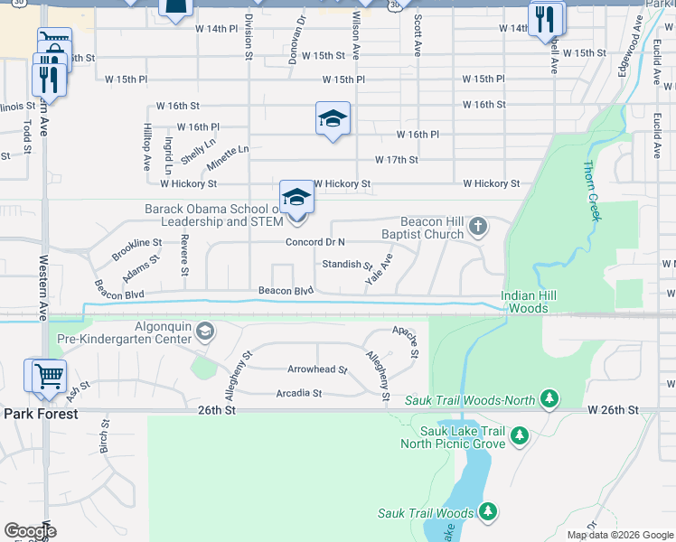 map of restaurants, bars, coffee shops, grocery stores, and more near 352 Beacon Boulevard in Chicago Heights