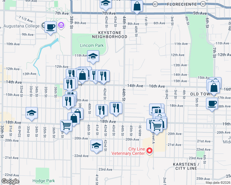 map of restaurants, bars, coffee shops, grocery stores, and more near 1433 43rd Street in Rock Island
