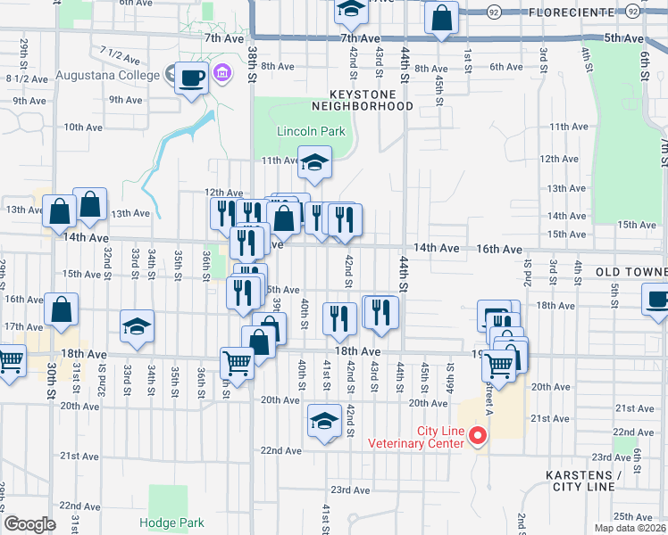 map of restaurants, bars, coffee shops, grocery stores, and more near 1443 42nd Street in Rock Island