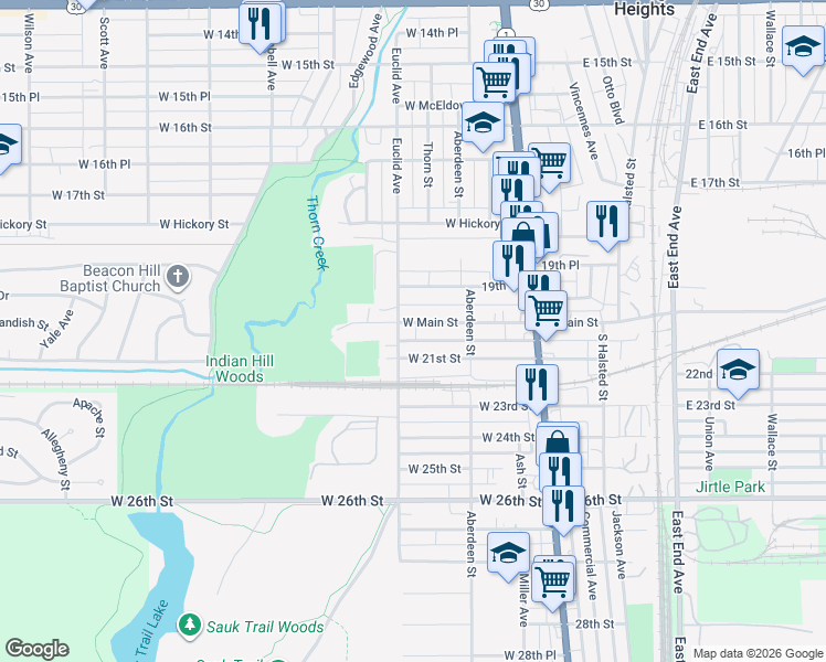 map of restaurants, bars, coffee shops, grocery stores, and more near 98 West Main Street in Chicago Heights