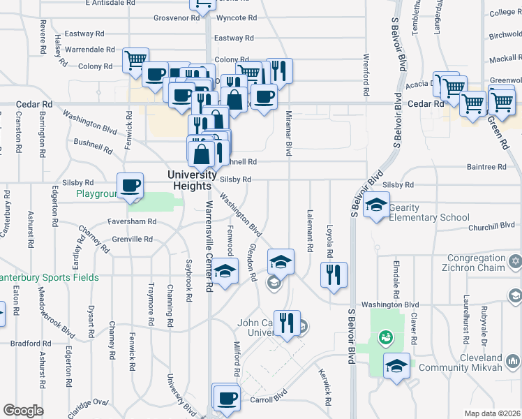 map of restaurants, bars, coffee shops, grocery stores, and more near 2335 Glendon Road in University Heights