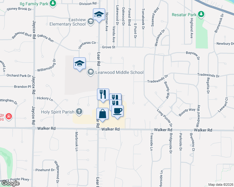 map of restaurants, bars, coffee shops, grocery stores, and more near 396 Harbor Court in Avon Lake