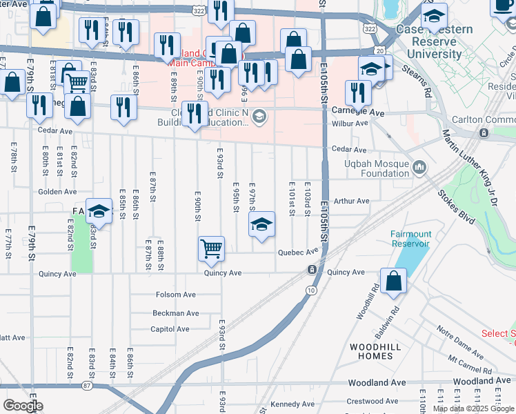map of restaurants, bars, coffee shops, grocery stores, and more near 2283 East 97th Street in Cleveland