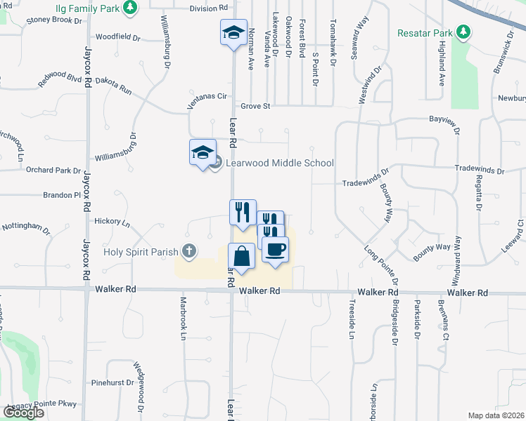 map of restaurants, bars, coffee shops, grocery stores, and more near 371 Lear Road in Avon Lake