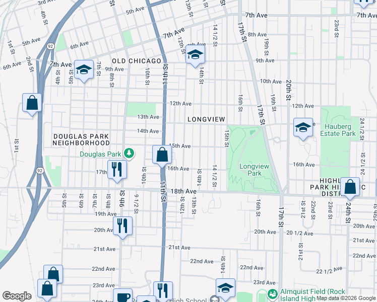 map of restaurants, bars, coffee shops, grocery stores, and more near 1529 12th Street in Rock Island