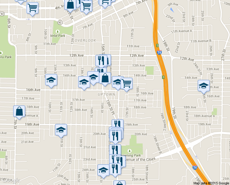 map of restaurants, bars, coffee shops, grocery stores, and more near 1544 16th Ave in Moline