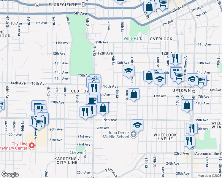 map of restaurants, bars, coffee shops, grocery stores, and more near 828 16th Avenue in Moline