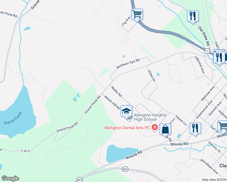 map of restaurants, bars, coffee shops, grocery stores, and more near 106 Noble Road in Lackawanna County